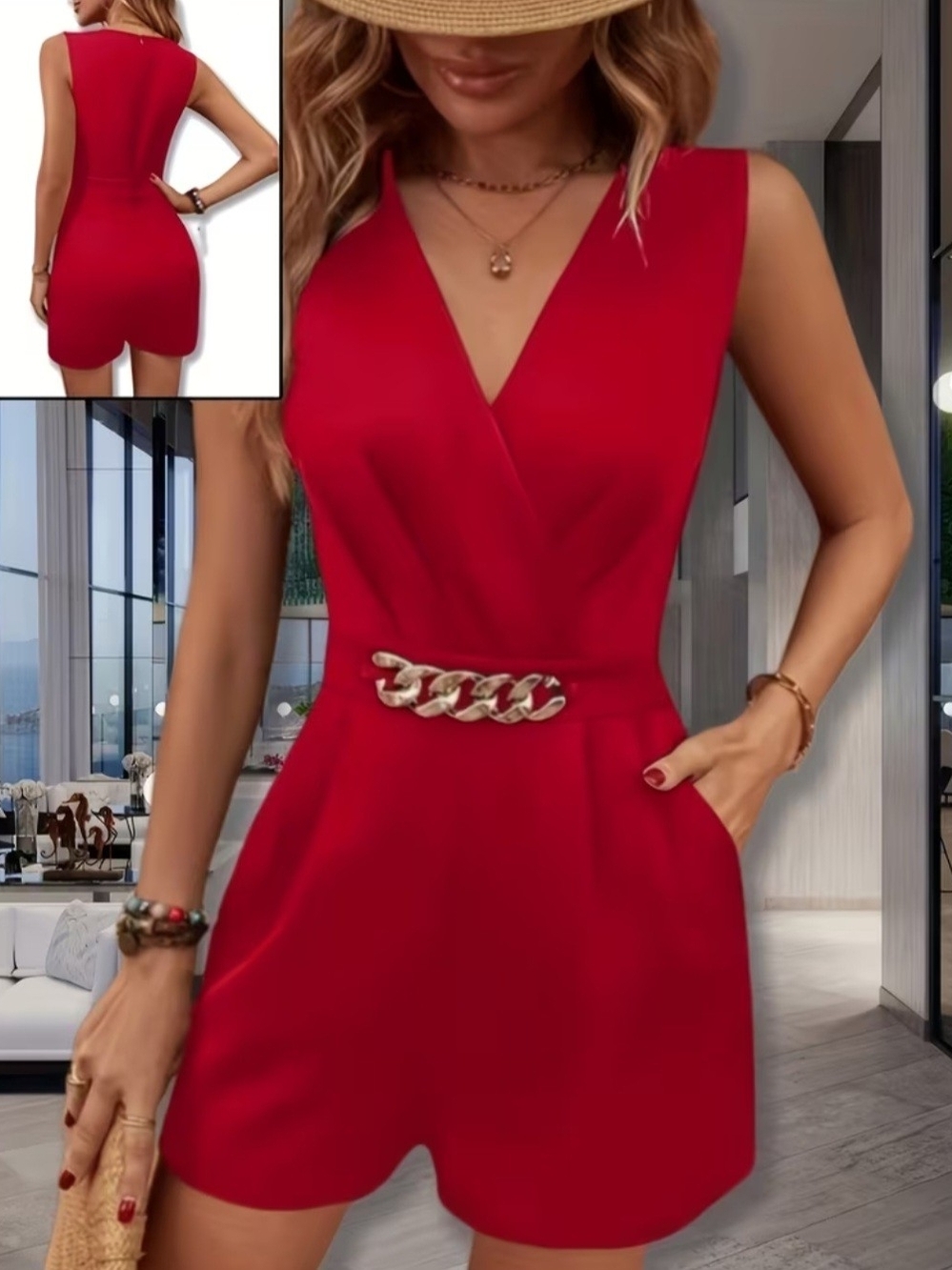Sleeveless Red V-Neck Chain-Belt Women's Dress